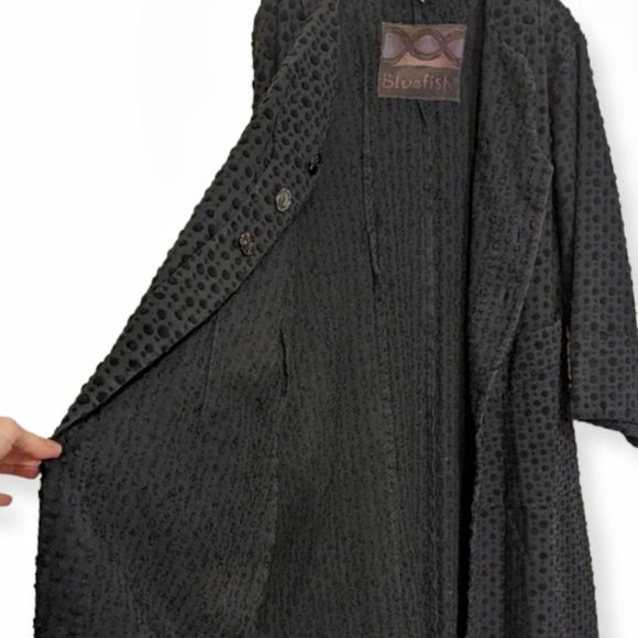Vtg Blue Fish Black Cotton Chenille Dot Lagenlook Duster Art Patch Longline Coat - Picture 6 of 16